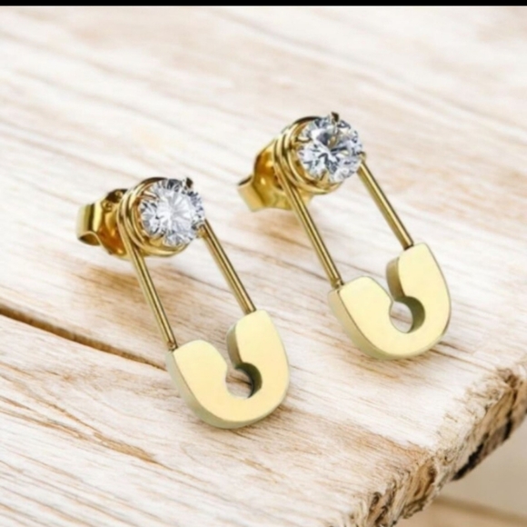 Gold Plated/Stainless Steel Safety Pin Earrings - Picture 3 of 5